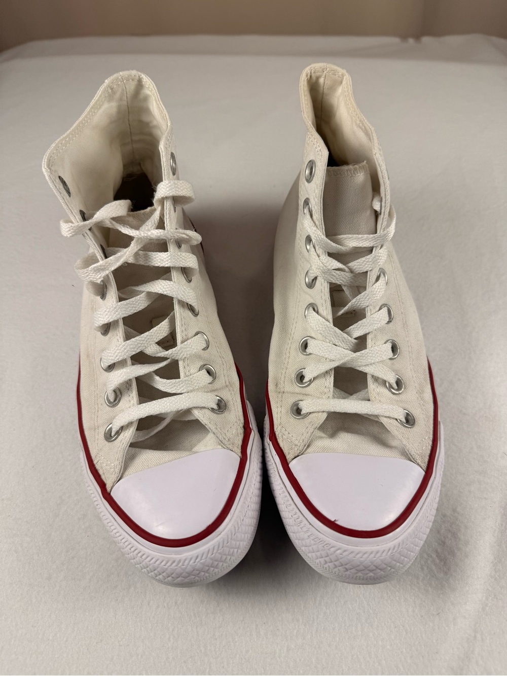 Converse High-Top Canvas Sneakers in White with Red Trim